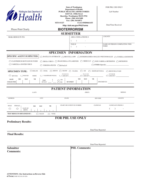 DOH Form 302-018 Bioterrorism Specimen Submission Form - Washington