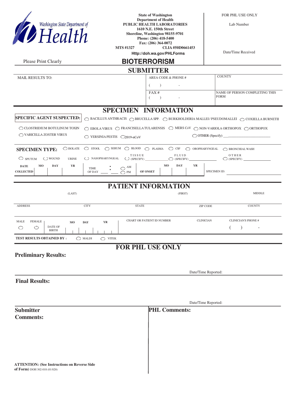 DOH Form 302-018 Bioterrorism Specimen Submission Form - Washington, Page 1