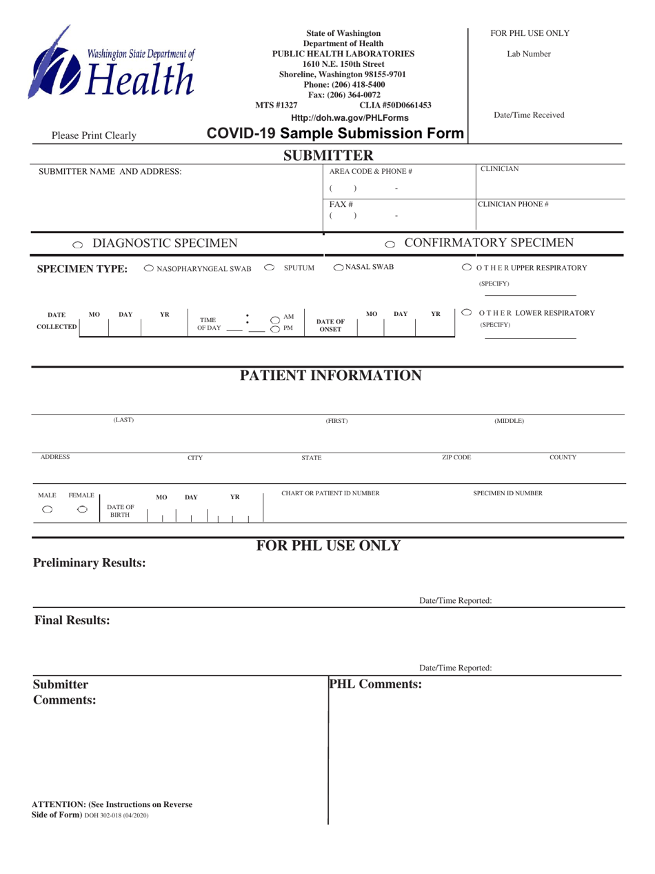 DOH Form 302-018 Covid-19 Sample Submission Form - Washington, Page 1