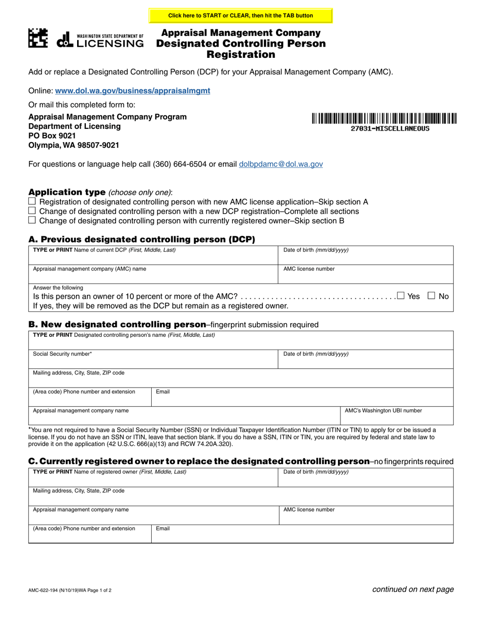 Form AMC-622-194 Appraisal Management Company Designated Controlling Person Registration - Washington, Page 1