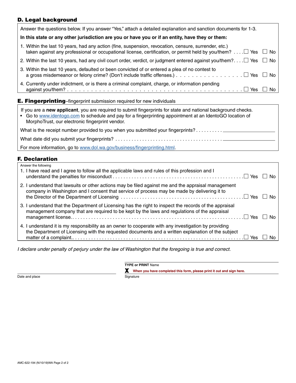 Form AMC-622-194 Appraisal Management Company Designated Controlling Person Registration - Washington, Page 2
