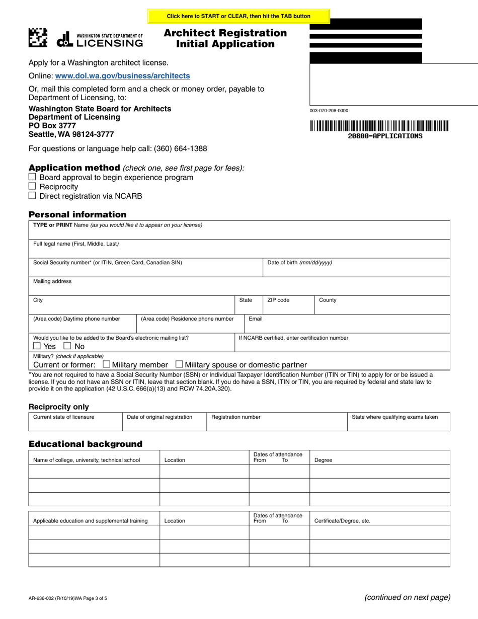 Form AR-636-002 Architect Registration Initial Application - Washington, Page 3