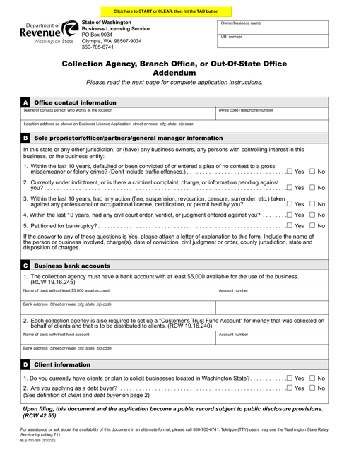 Form BLS-700-335 Collection Agency, Branch Office, or Out-of-State Office Addendum - Washington