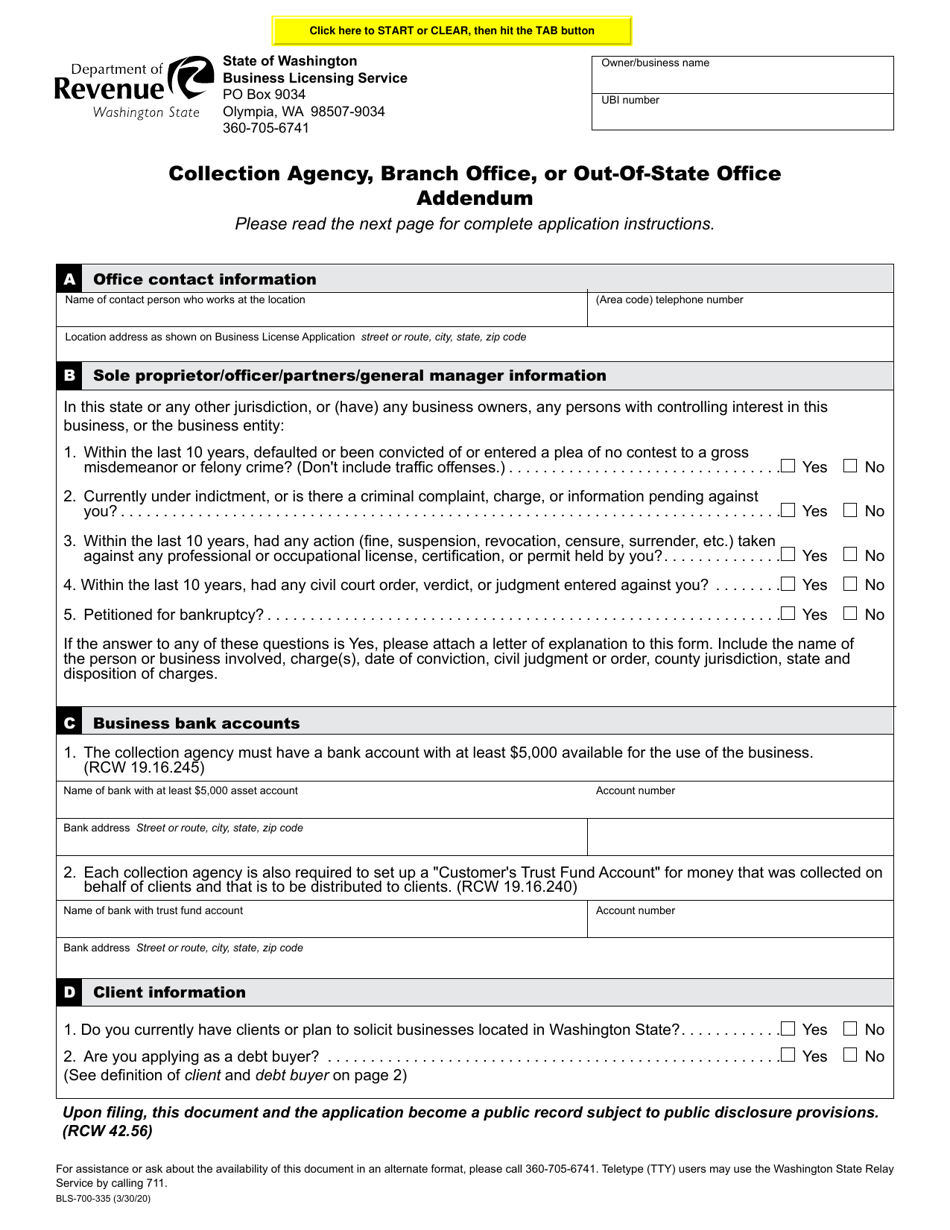 Form BLS-700-335 Collection Agency, Branch Office, or Out-of-State Office Addendum - Washington, Page 1
