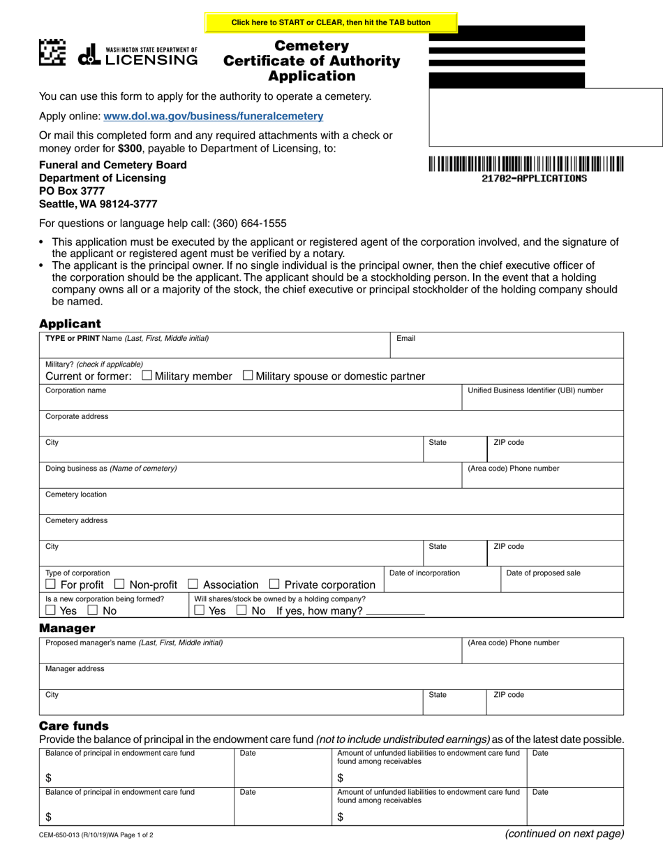 Form CEM-650-013 Cemetery Certificate of Authority Application - Washington, Page 1
