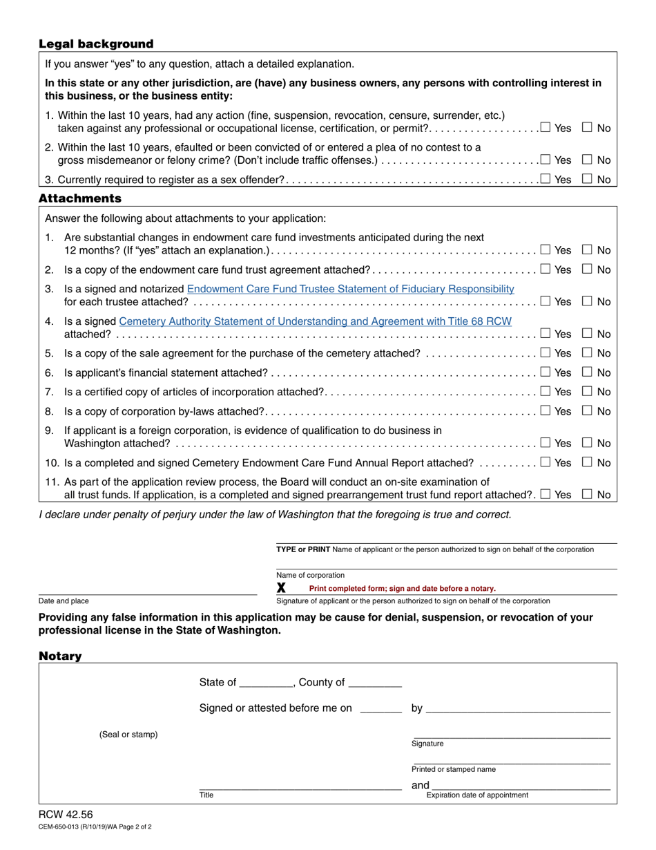 Form CEM-650-013 Cemetery Certificate of Authority Application - Washington, Page 2