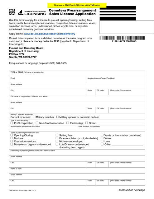 Form CEM-650-005 Cemetery Prearrangement Sales License Application - Washington