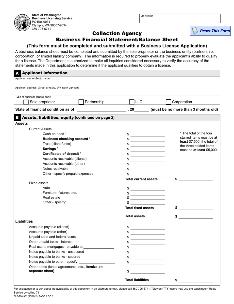 Form BLS-700-331 Collection Agency Business Financial Statement / Balance Sheet - Washington, Page 1