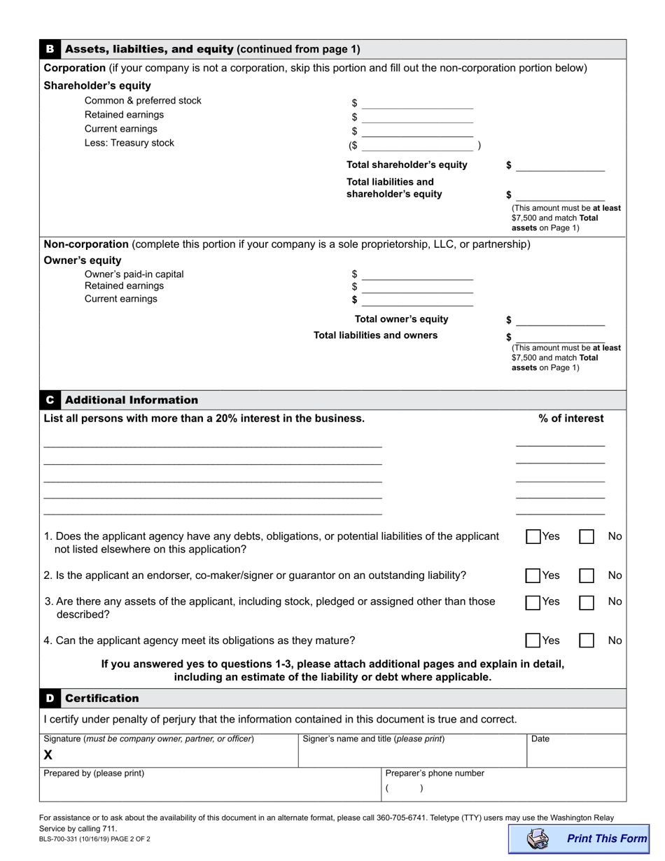Form BLS-700-331 Collection Agency Business Financial Statement / Balance Sheet - Washington, Page 2