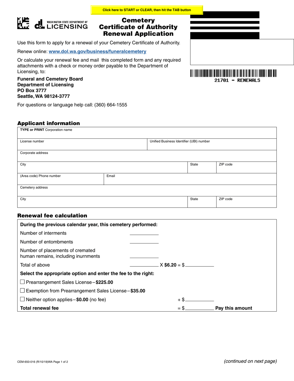 Form CEM-650-016 Cemetery Certificate of Authority Renewal Application - Washington, Page 1