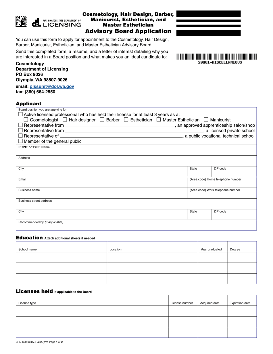 Form BPD-600-004A Advisory Board Application - Washington, Page 1