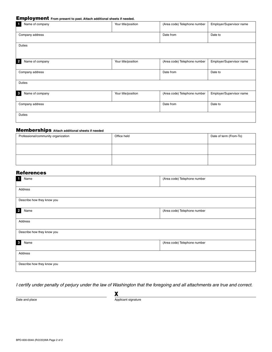 Form BPD-600-004A Advisory Board Application - Washington, Page 2