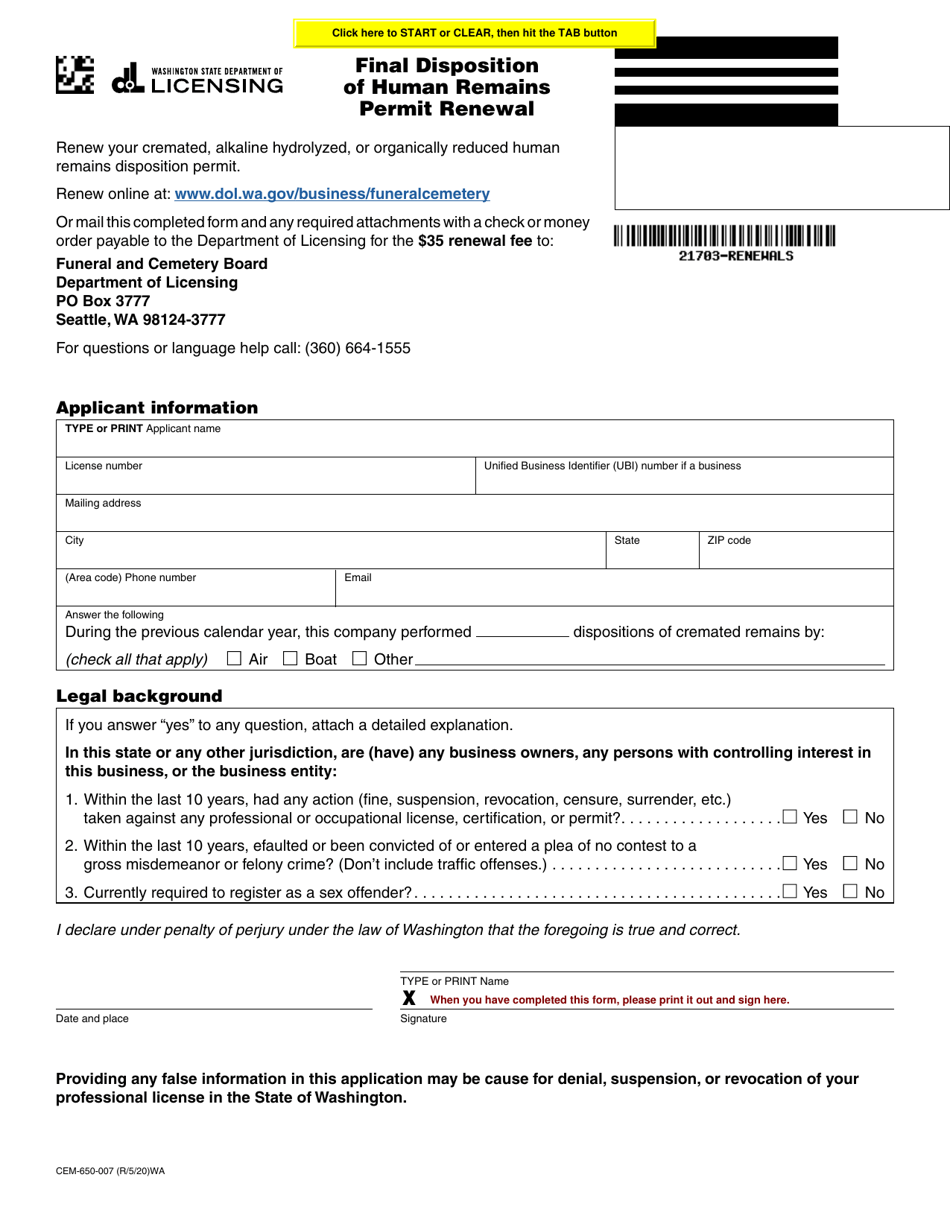 Form Cem 650 007 Download Fillable Pdf Or Fill Online Final Disposition Of Human Remains Permit 1412