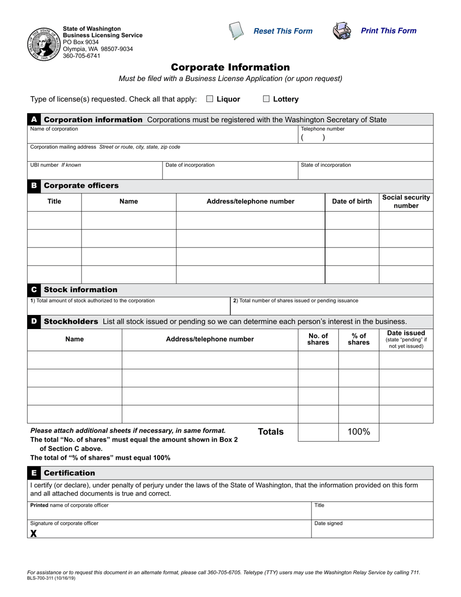 Form BLS-700-311 Corporate Information - Washington, Page 1