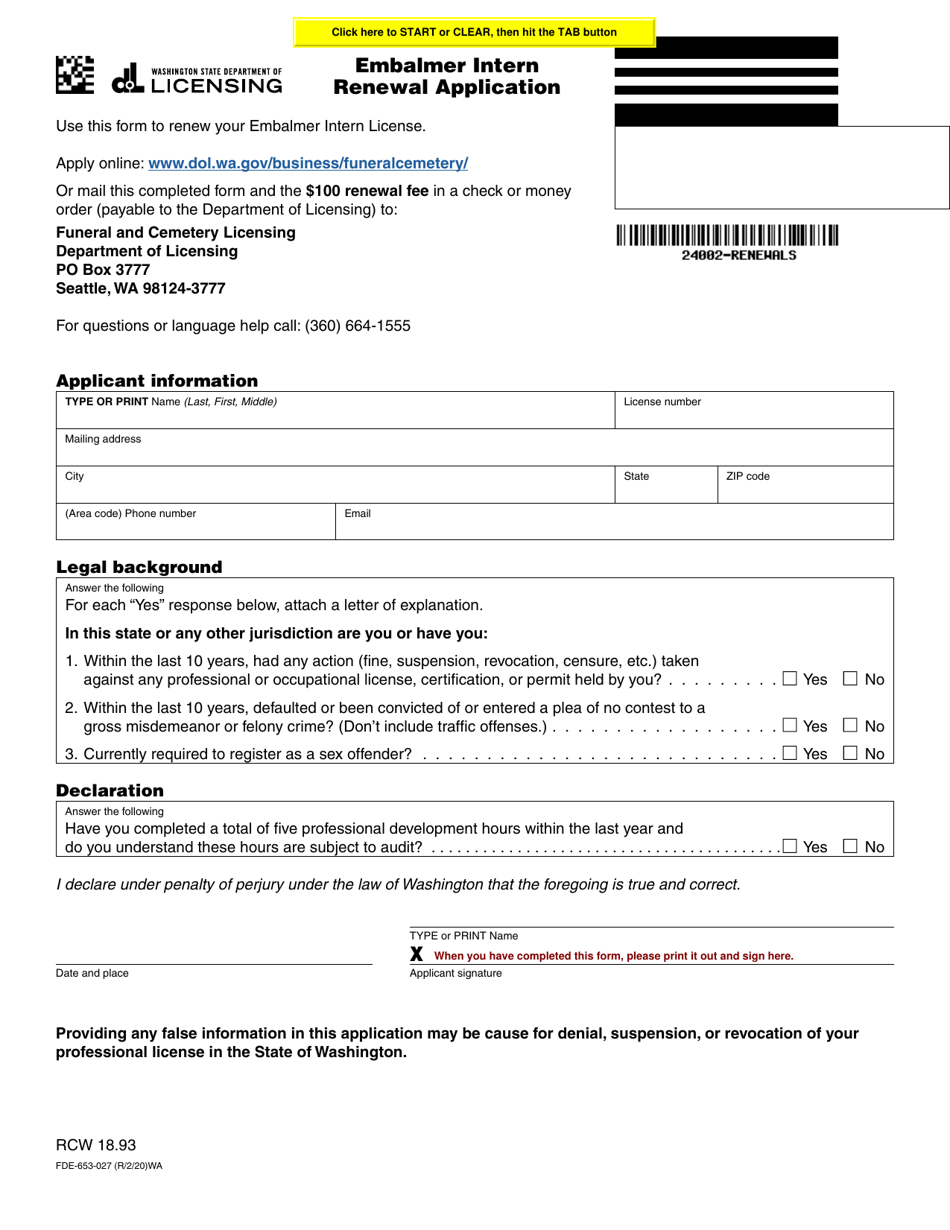 Form FDE-653-027 Embalmer Intern Renewal Application - Washington, Page 1