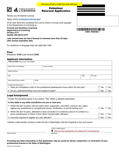 Form FDE-653-019  Printable Pdf