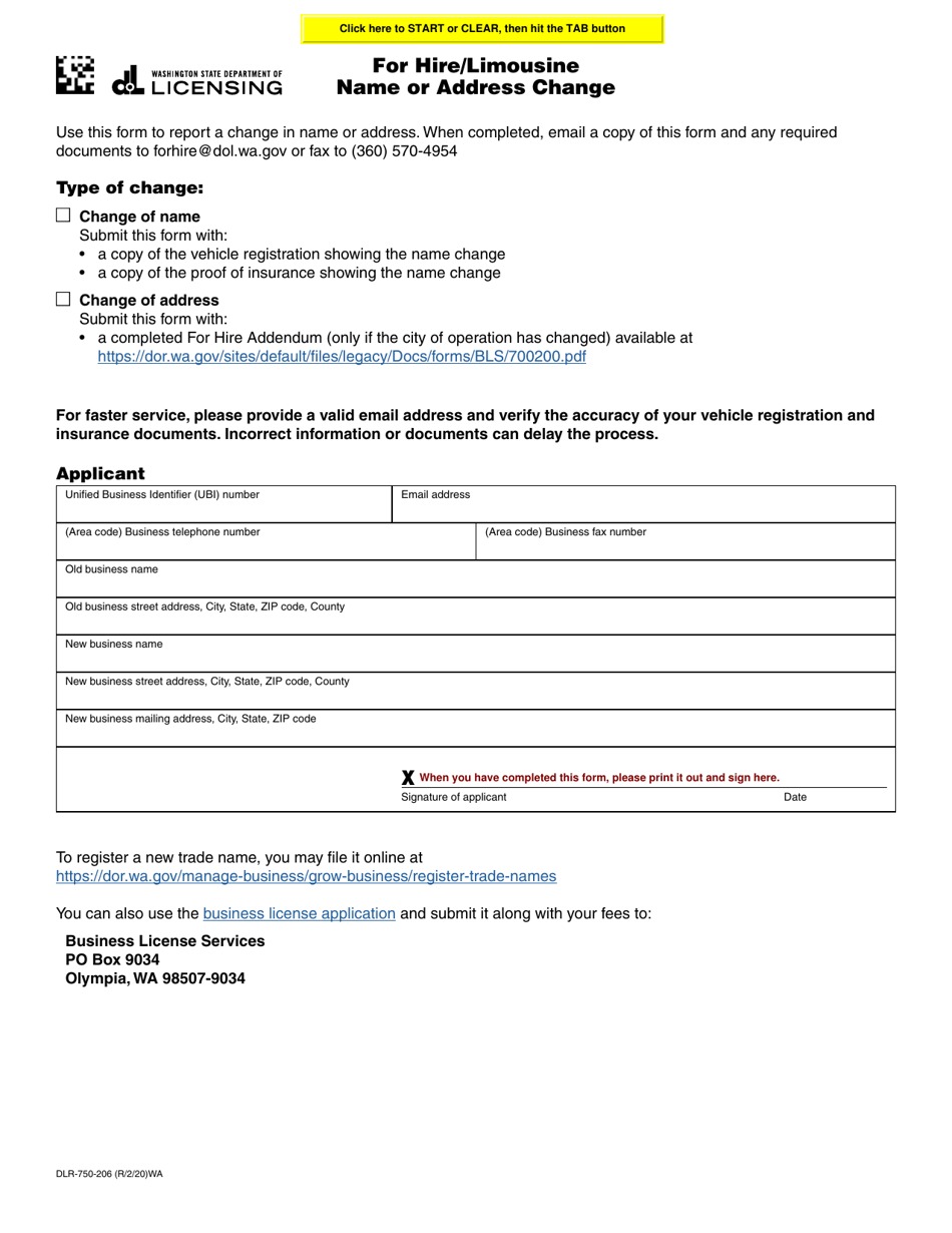 Form DLR-750-206 For Hire/Limousine Name or Address Change - Washington, Page 1