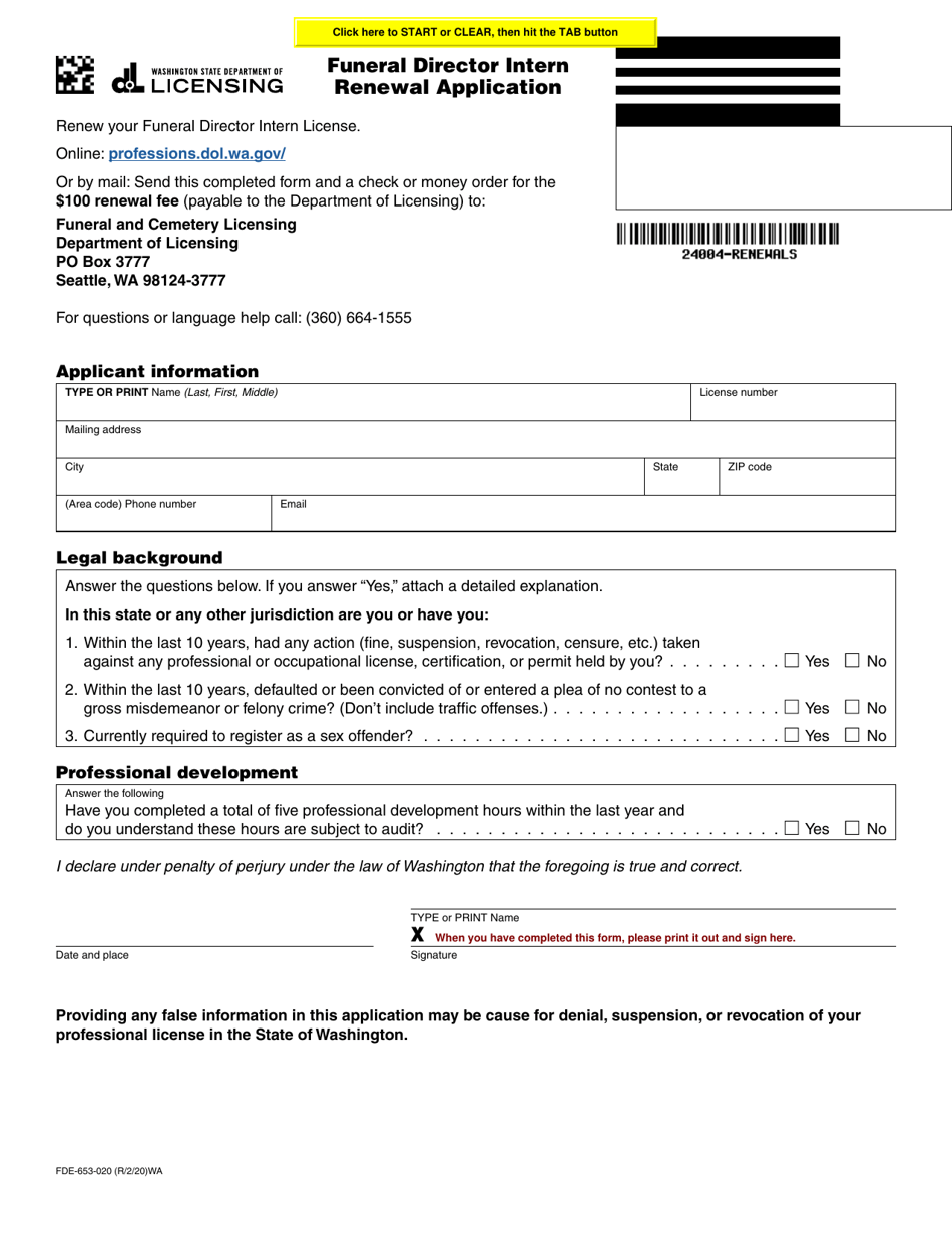 Form FDE-653-020 Funeral Director Intern Renewal Application - Washington, Page 1