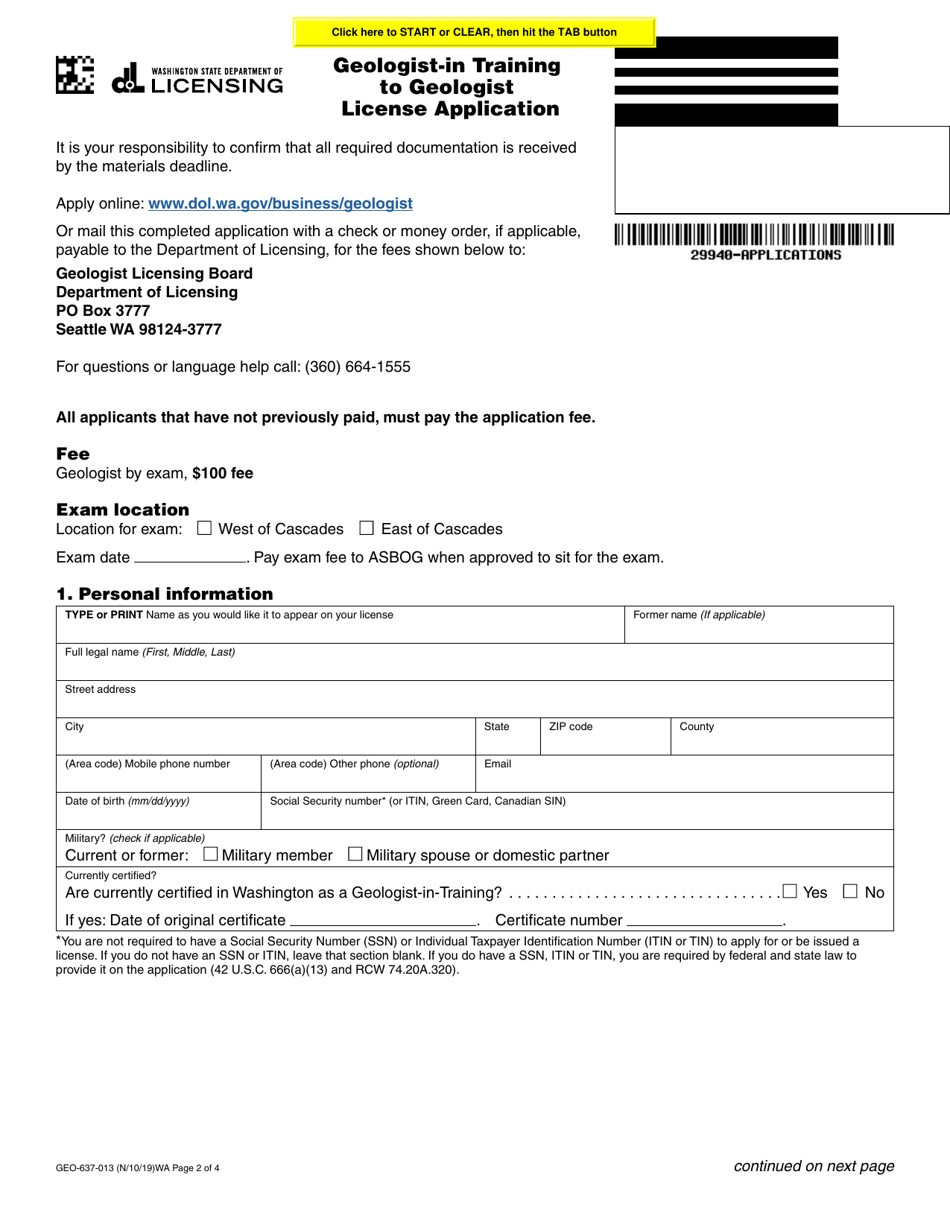 Form GEO-637-013 Geologist-In-training to Geologist License Application - Washington, Page 2