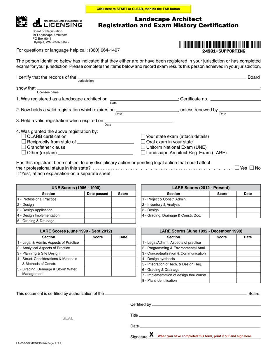 Form LA-656-007 Landscape Architect Registration and Exam History Certification - Washington, Page 1