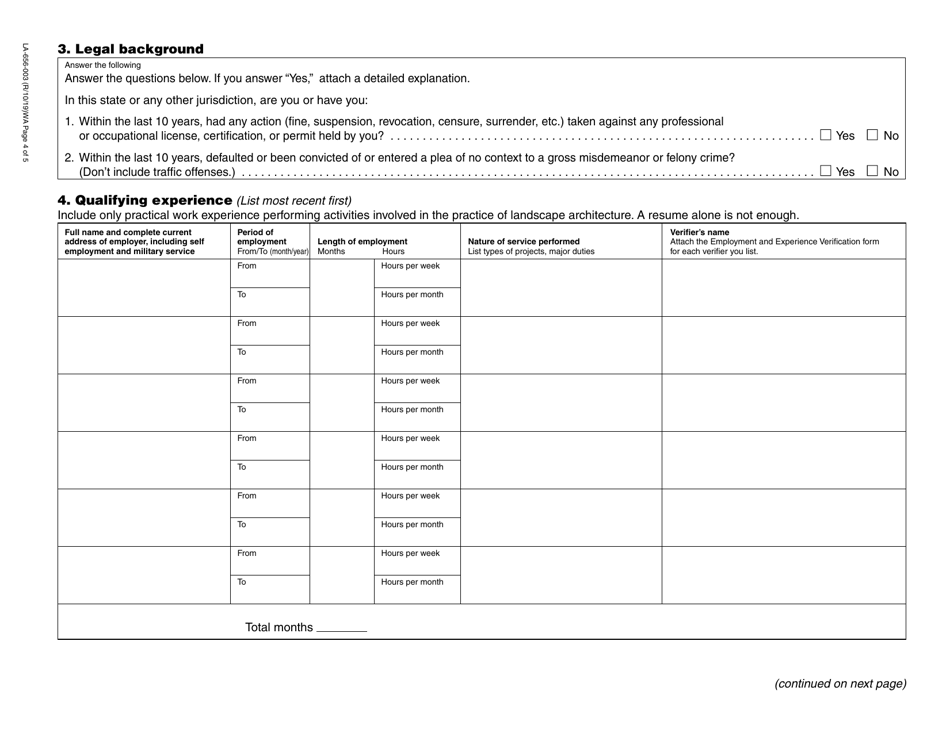 Form LA-656-003 Landscape Architect License Application - Washington, Page 4