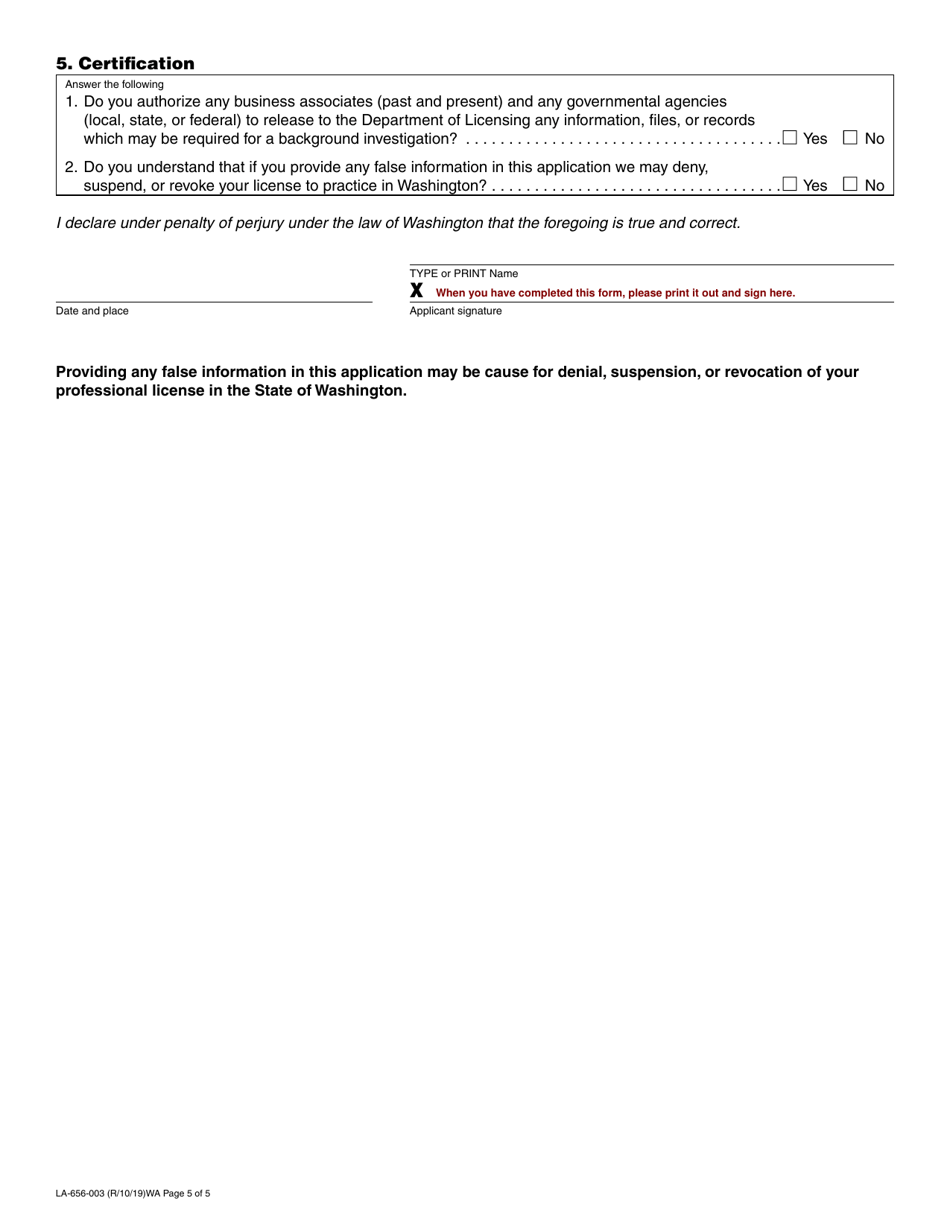 Form LA-656-003 Landscape Architect License Application - Washington, Page 5