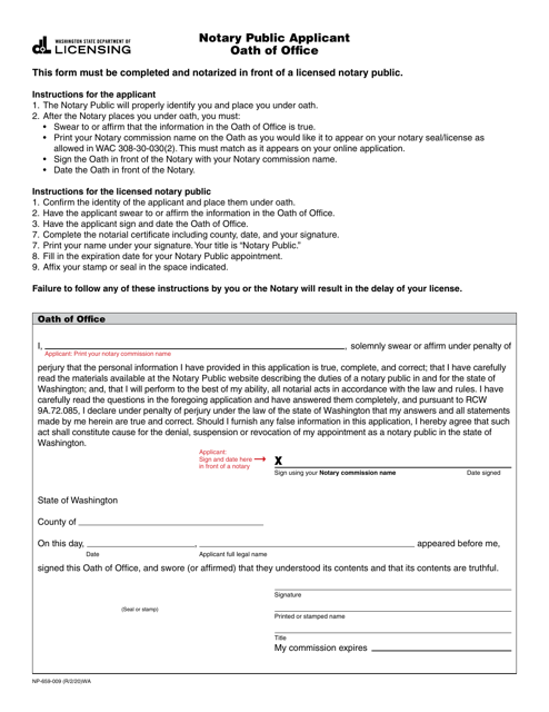 Form NP-659-009 Notary Public Applicant Oath of Office - Washington