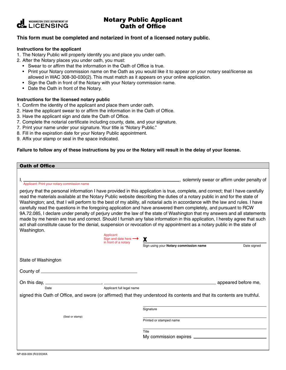 Form NP-659-009 Notary Public Applicant Oath of Office - Washington, Page 1