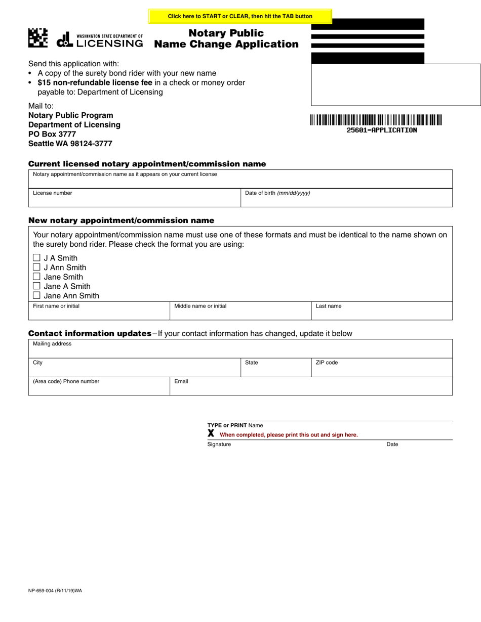 Form NP-659-004 Notary Public Name Change Application - Washington, Page 1