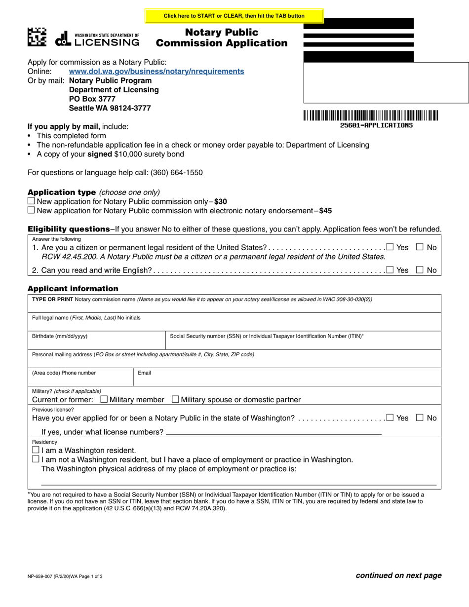 Form NP-659-007 Notary Public Commission Application - Washington, Page 1