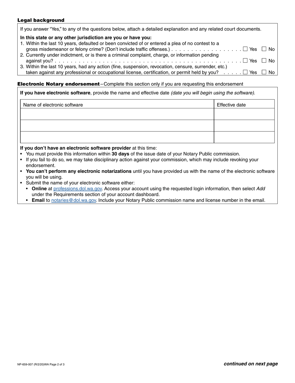 Form NP-659-007 Notary Public Commission Application - Washington, Page 2