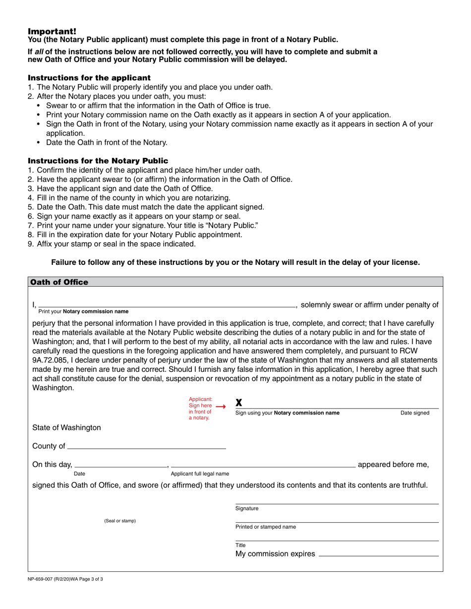 Form NP-659-007 Notary Public Commission Application - Washington, Page 3