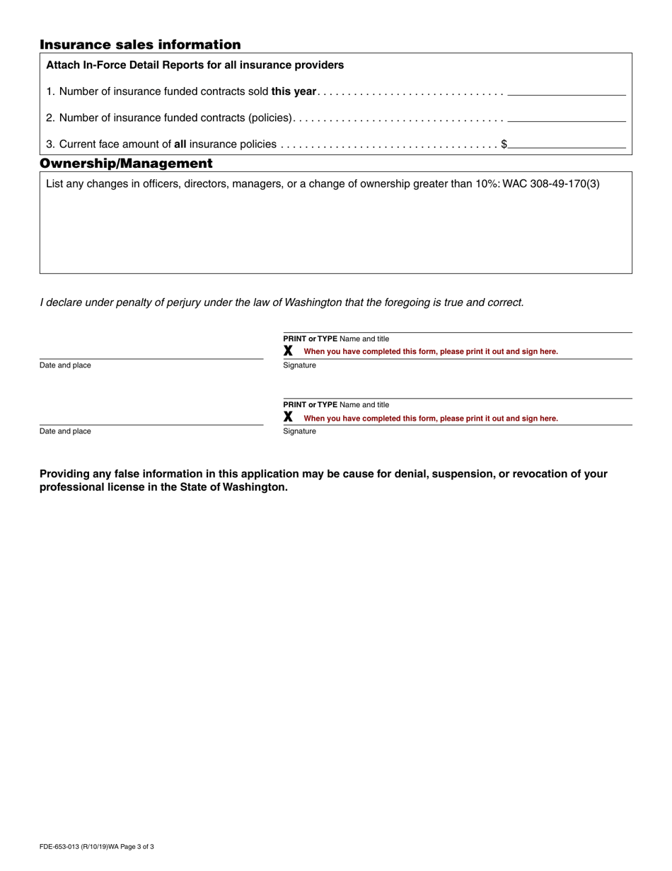 Form FDE-653-013 Prearrangement Funeral Service Contract Trust / Insurance Sales Annual Report - Washington, Page 3