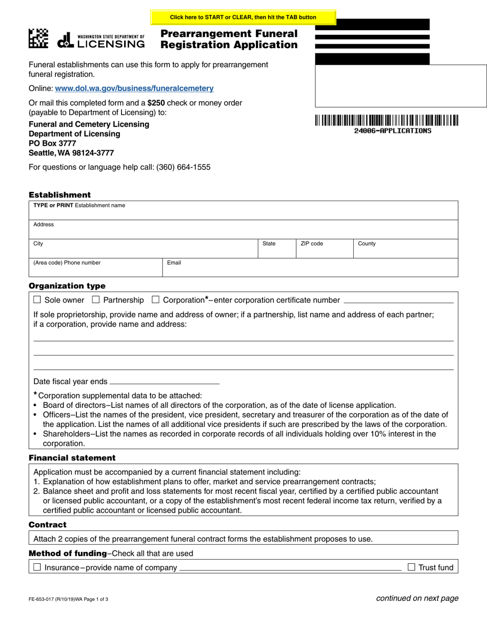 Form FE-653-017 Prearrangement Funeral Registration Application - Washington, Page 1