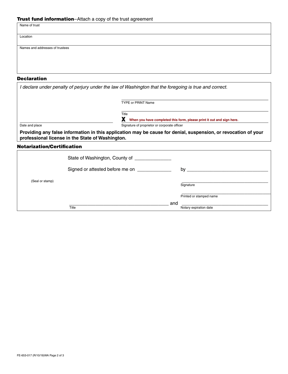 Form FE-653-017 Prearrangement Funeral Registration Application - Washington, Page 2