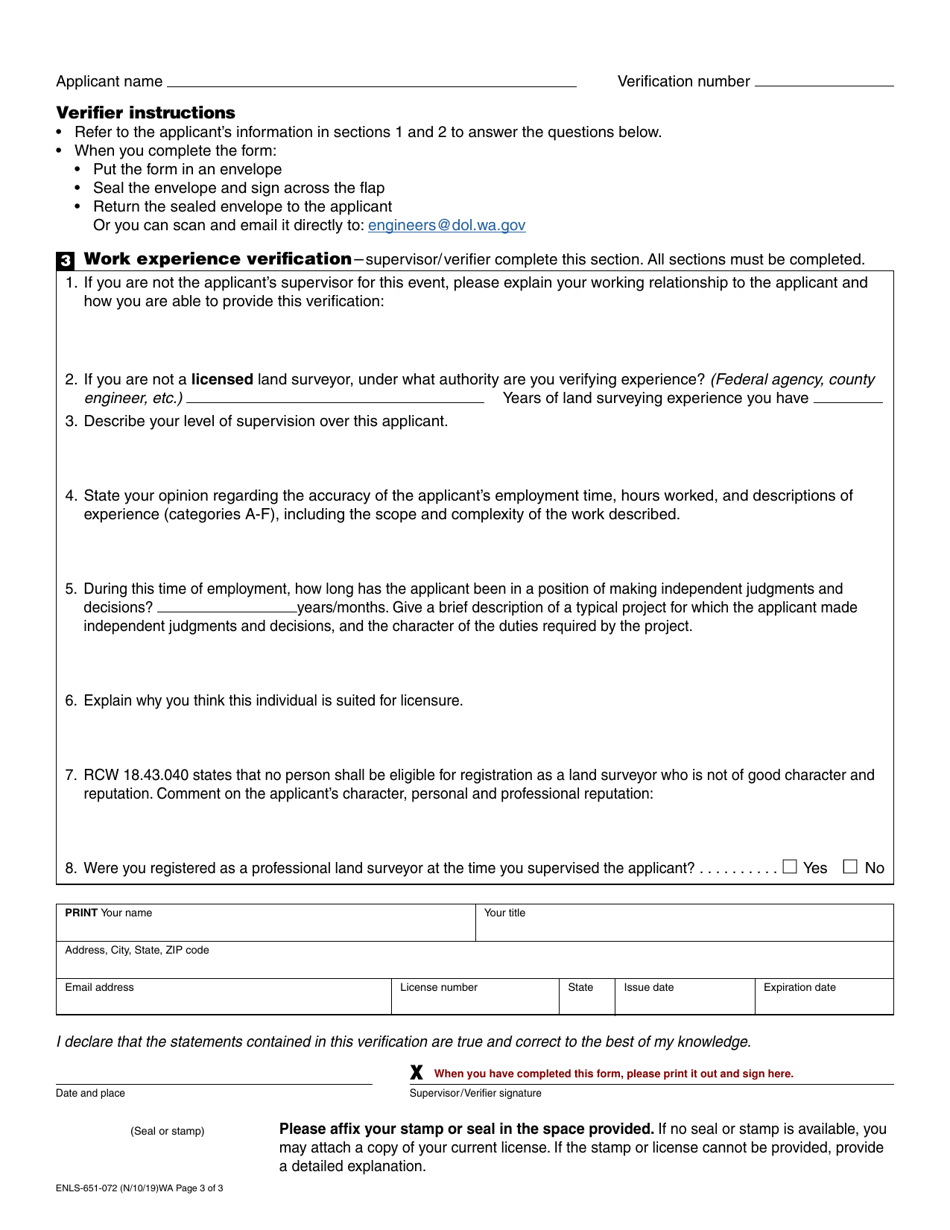 Form ENLS-651-072 Professional Land Surveyor Experience and Verification - Washington, Page 3