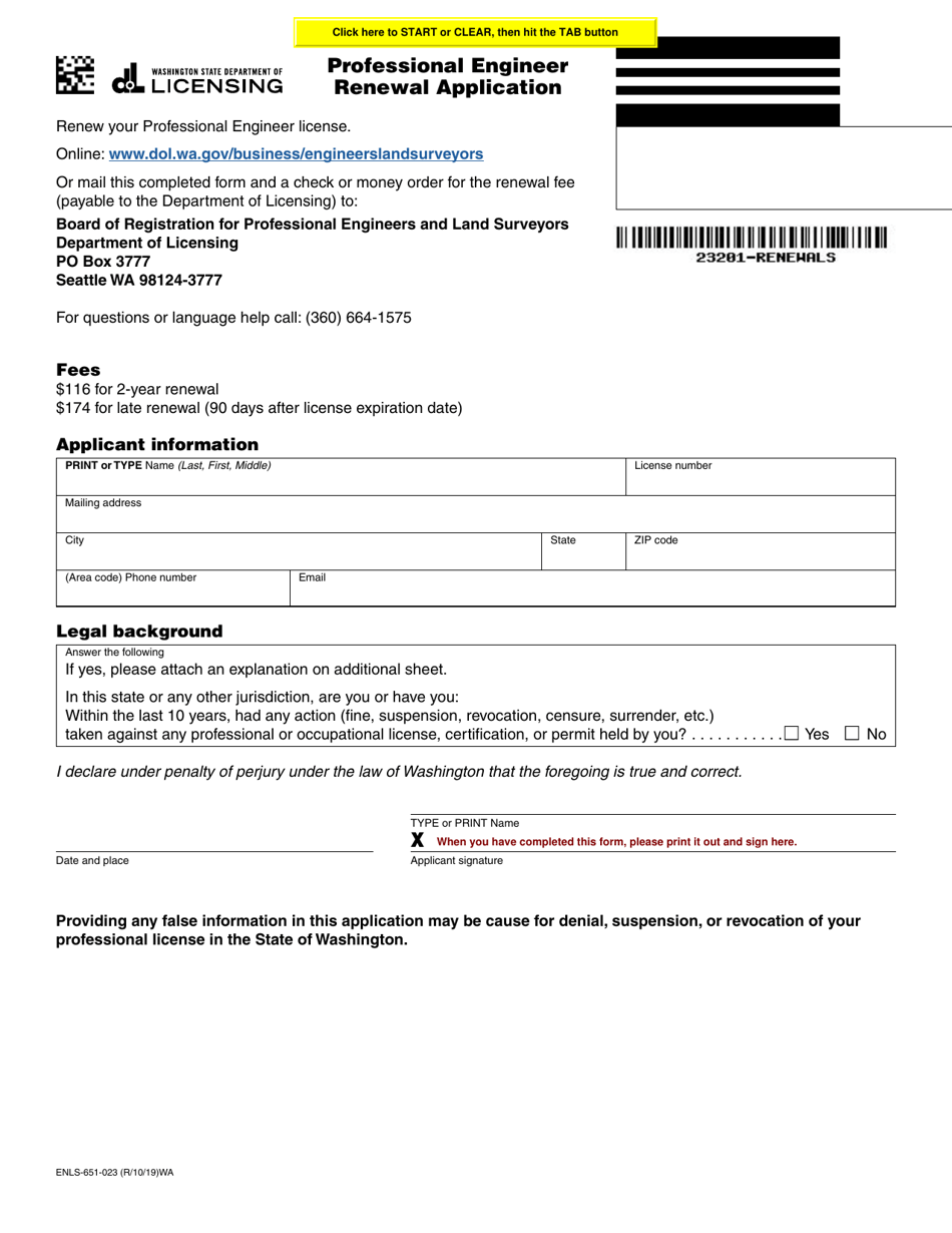 Form ENLS-651-023 Professional Engineer Renewal Application - Washington, Page 1