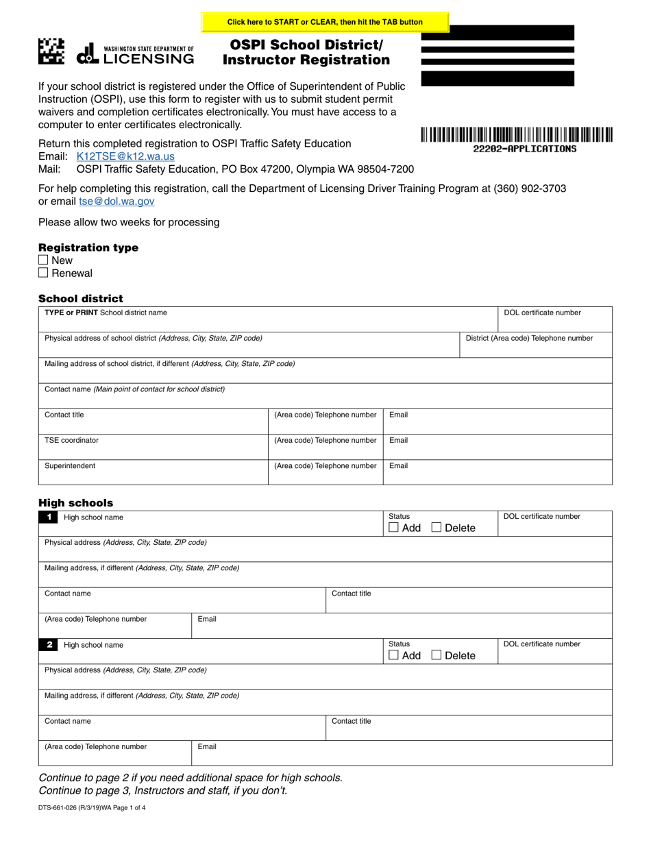Form DTS-661-026 Ospi School District / Instructor Registration - Washington, Page 1