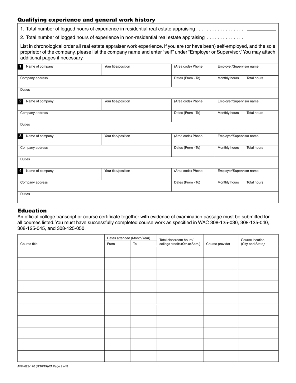 Form APR-622-170 Real Estate Appraiser License / Certification Application - Washington, Page 2