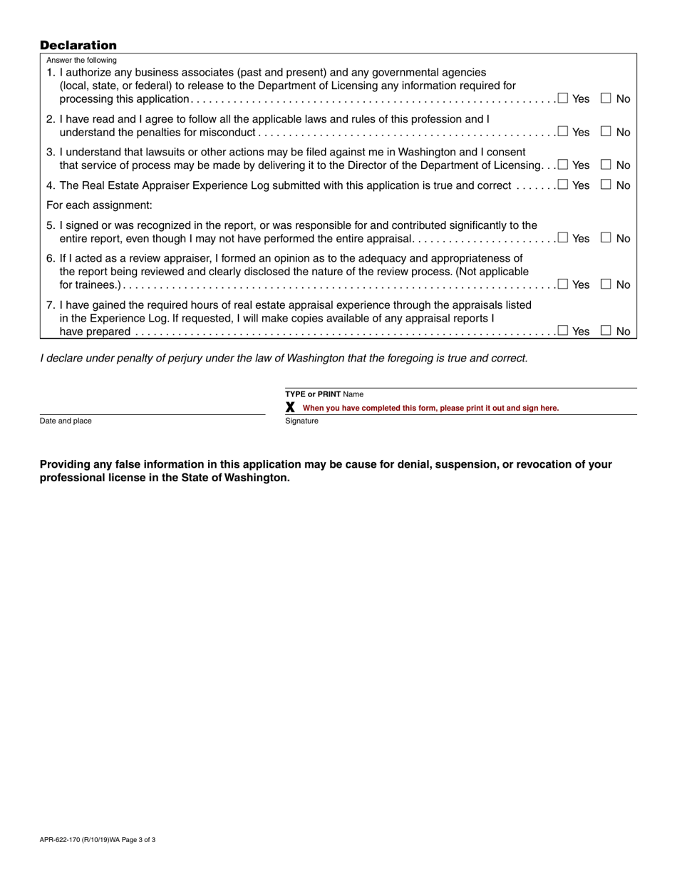 Form APR-622-170 Real Estate Appraiser License / Certification Application - Washington, Page 3