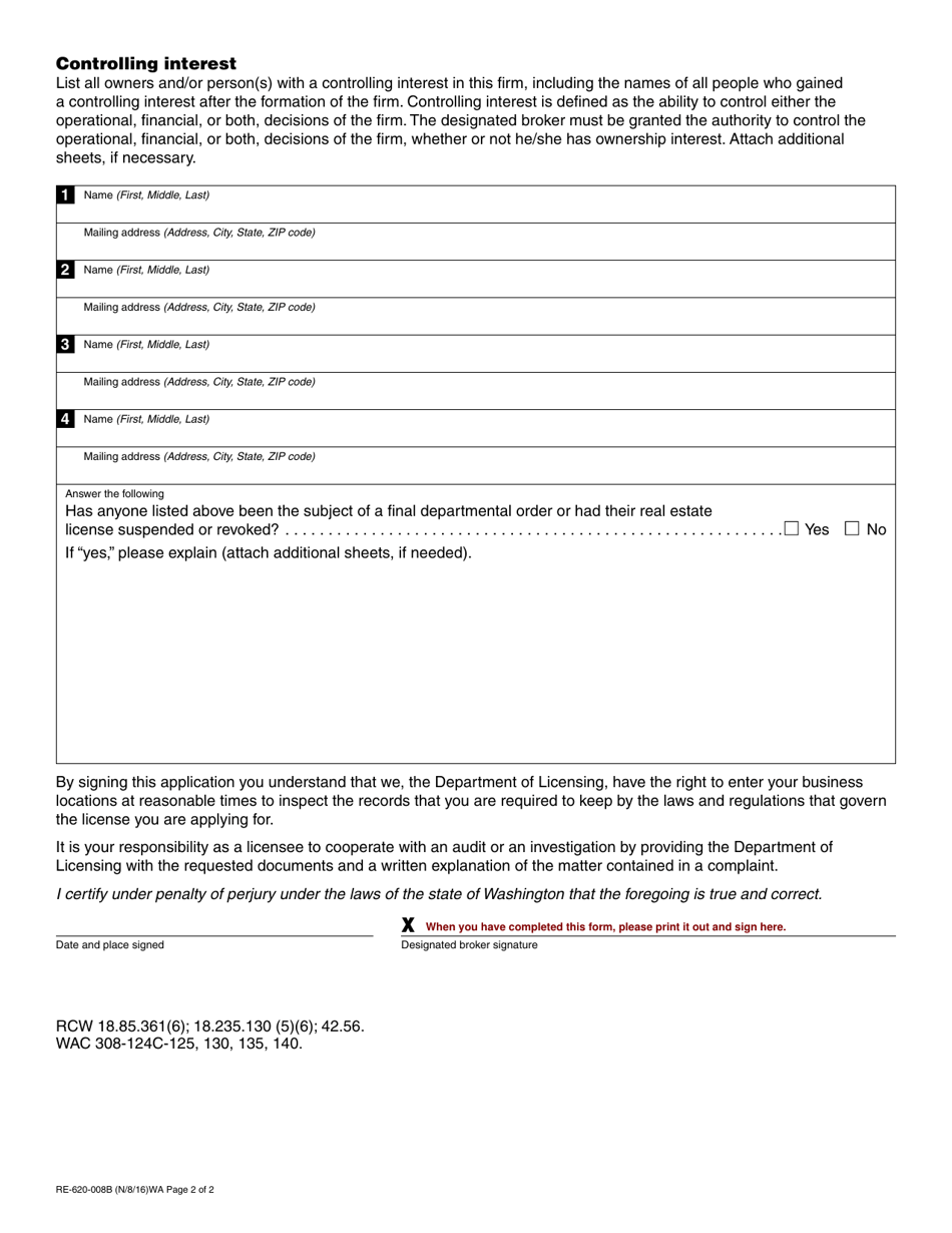 Form RE-620-008B Real Estate Firm Change of Designated Broker - Washington, Page 2