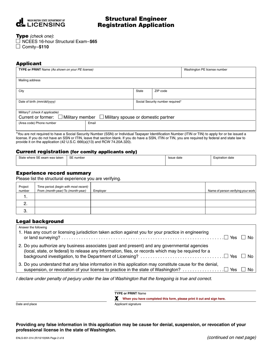 Form ENLS-651-014 Structural Engineer Registration Application - Washington, Page 2