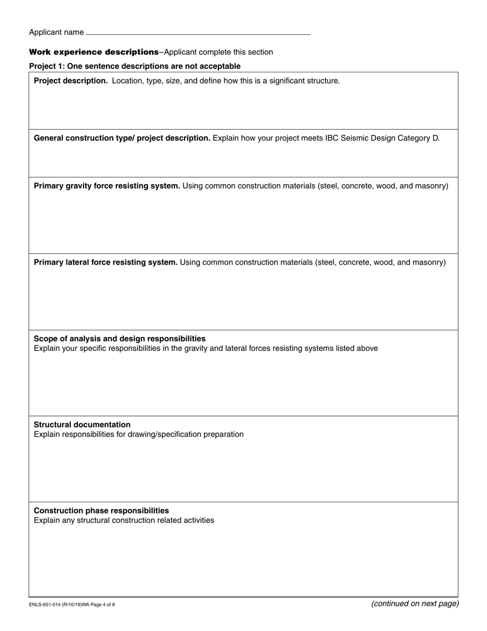 Form ENLS-651-014 Structural Engineer Registration Application - Washington, Page 4