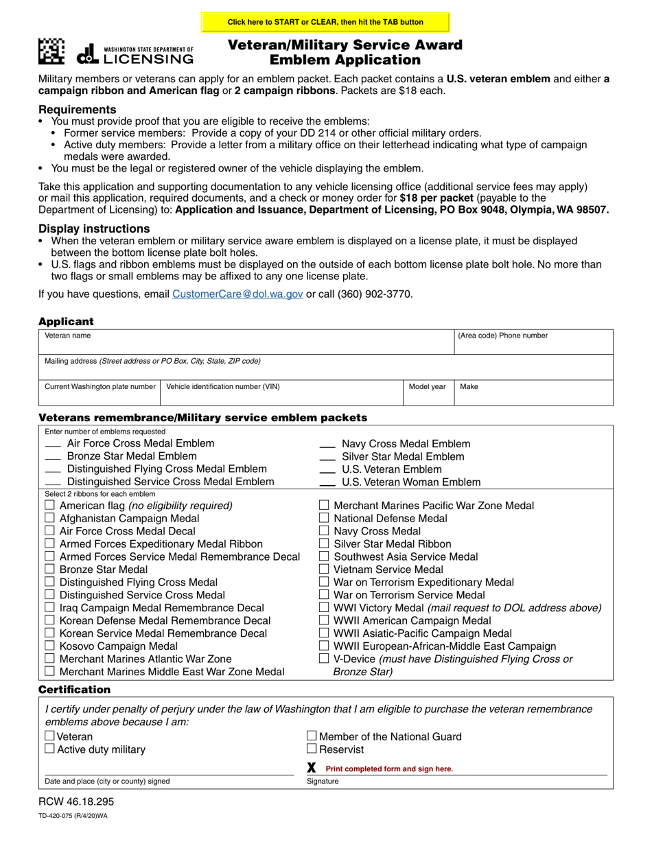 Form TD-420-075 Veteran / Military Service Award Emblem Application - Washington, Page 1