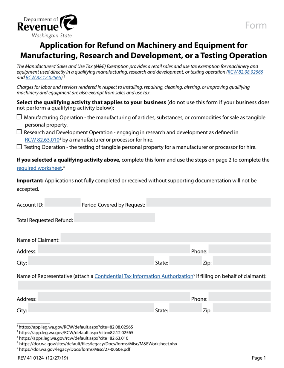 Form REV41 0124 Application for Refund on Machinery and Equipment for Manufacturing, Research and Development, or a Testing Operation - Washington, Page 1