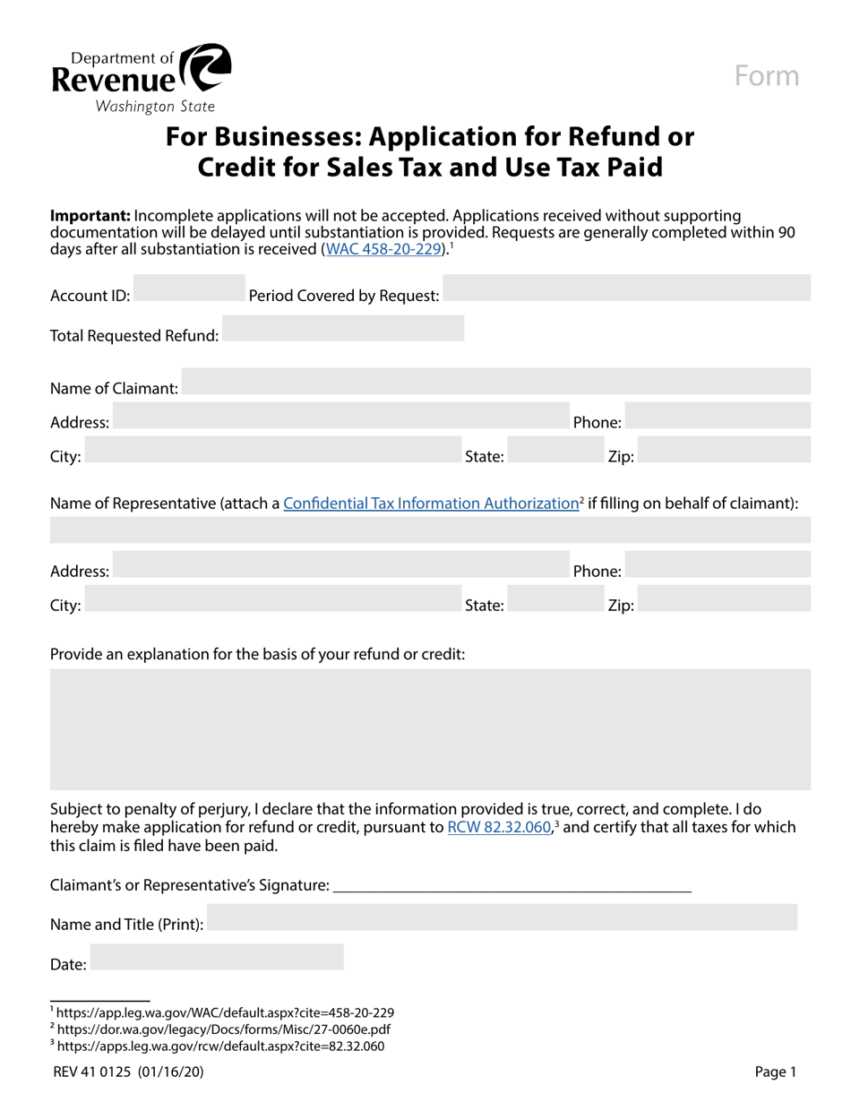 Form REV41 0125 Application for Refund or Credit for Sales Tax and Use Tax Paid (Used by Businesses) - Washington, Page 1