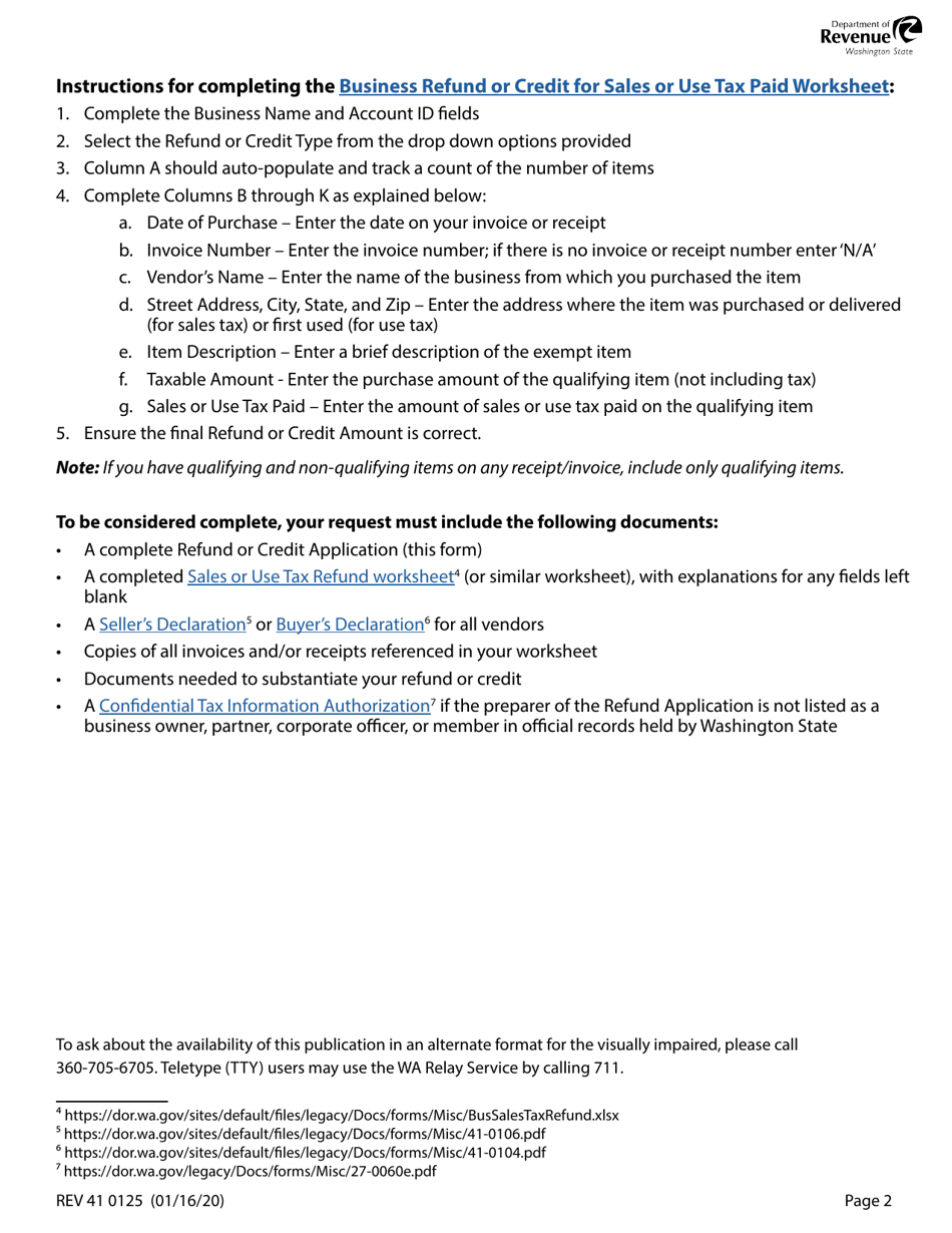 Form REV41 0125 Application for Refund or Credit for Sales Tax and Use Tax Paid (Used by Businesses) - Washington, Page 2