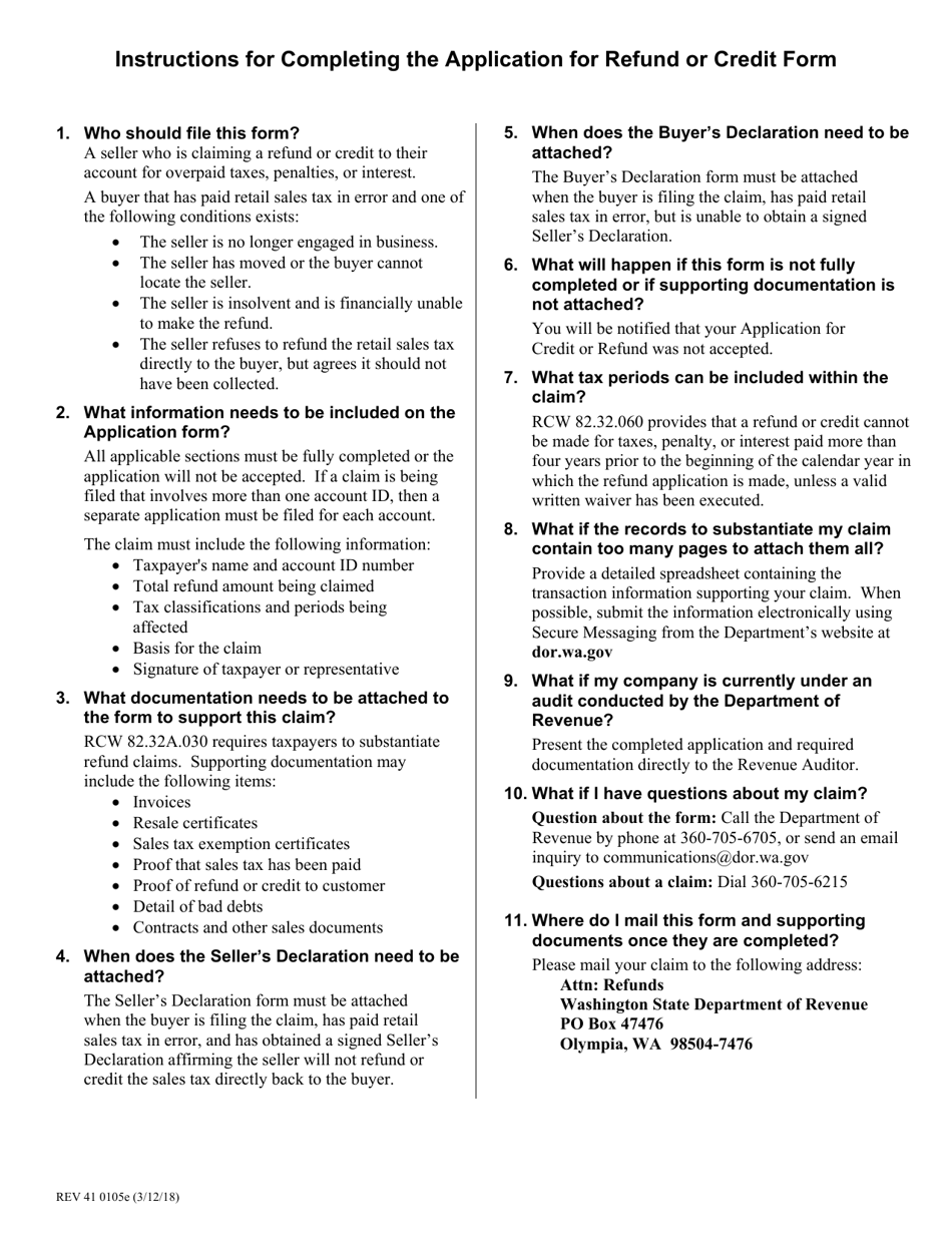 Form REV41 0105E Application for Refund or Credit - Washington, Page 2