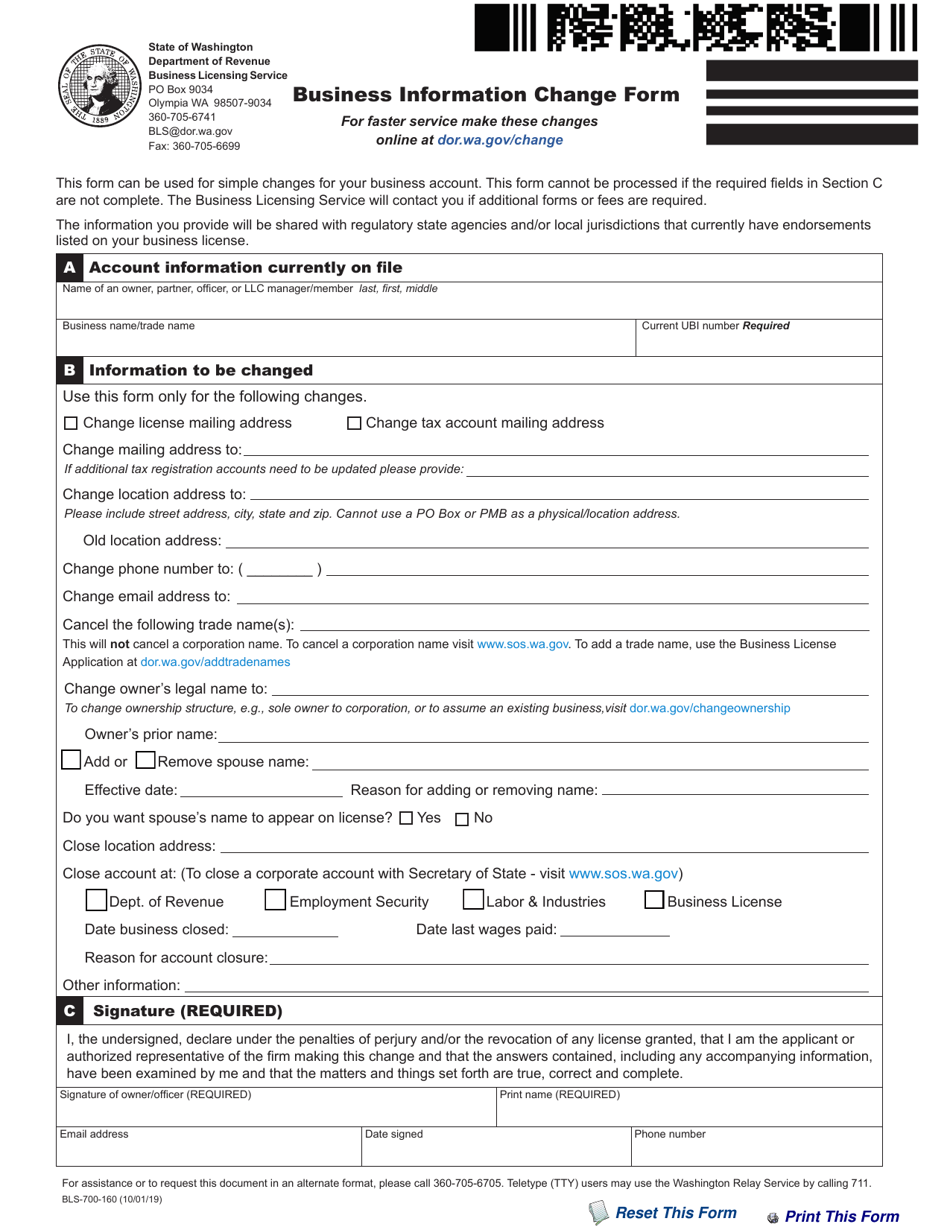 Form BLS-700-160 Business Information Change Form - Washington, Page 1