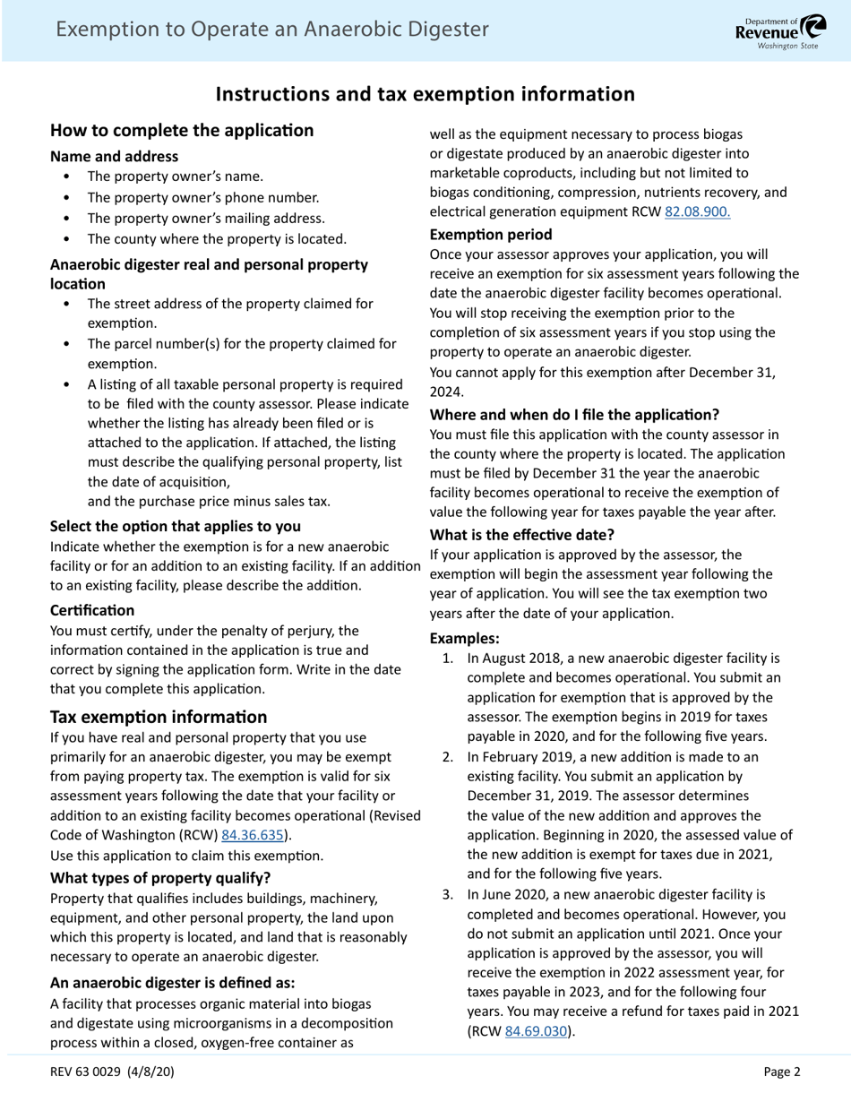 Form REV63 0029 Exemption to Operate an Anaerobic Digester - Washington, Page 2